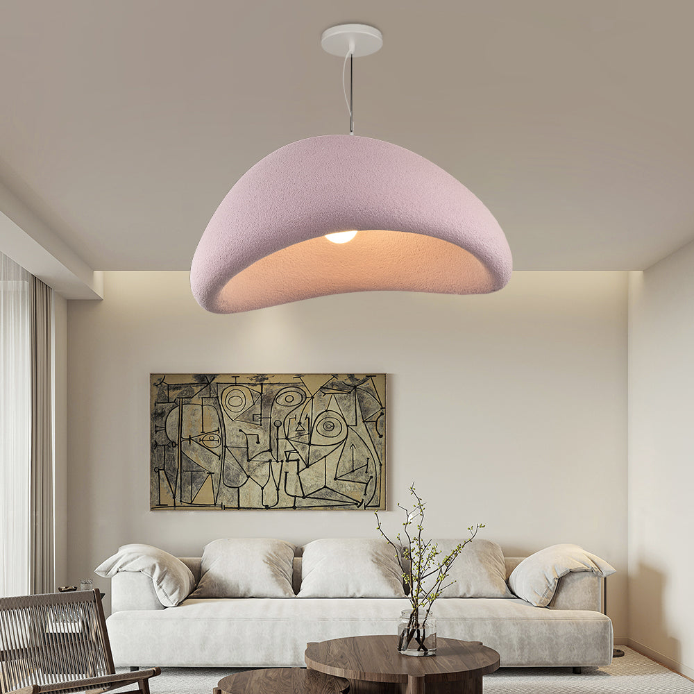 Large Byers textured dome pendant above a living-room table.