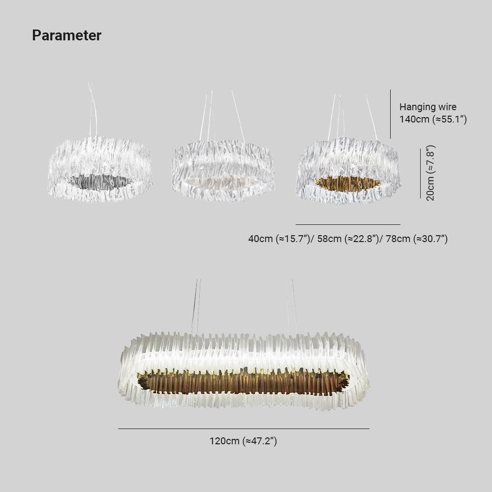 Kristy diagram with 40, 58 and 78 cm circular sizes, 20 cm shade height, 140 cm wire and a 120 cm elongated oval