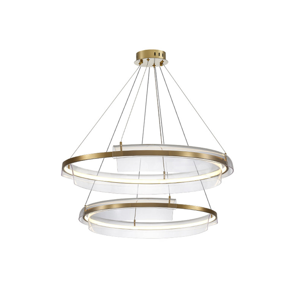 Arisha two-ring gold pendant with a larger upper ring and smaller lower ring suspended from one round canopy