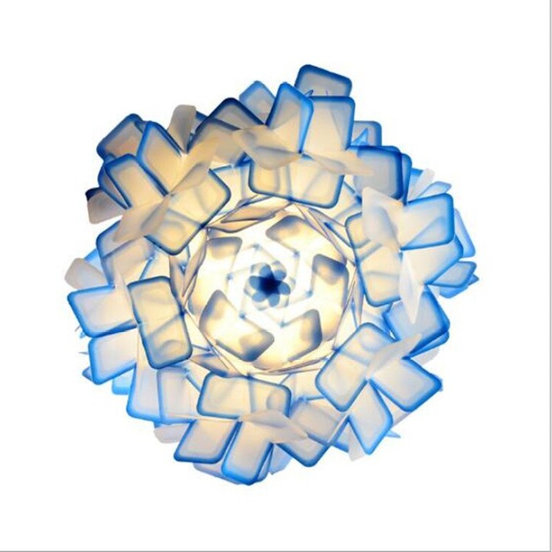 Blue Bella flower pendant underside on white, with layered translucent petals around a central circular fitting and support ring