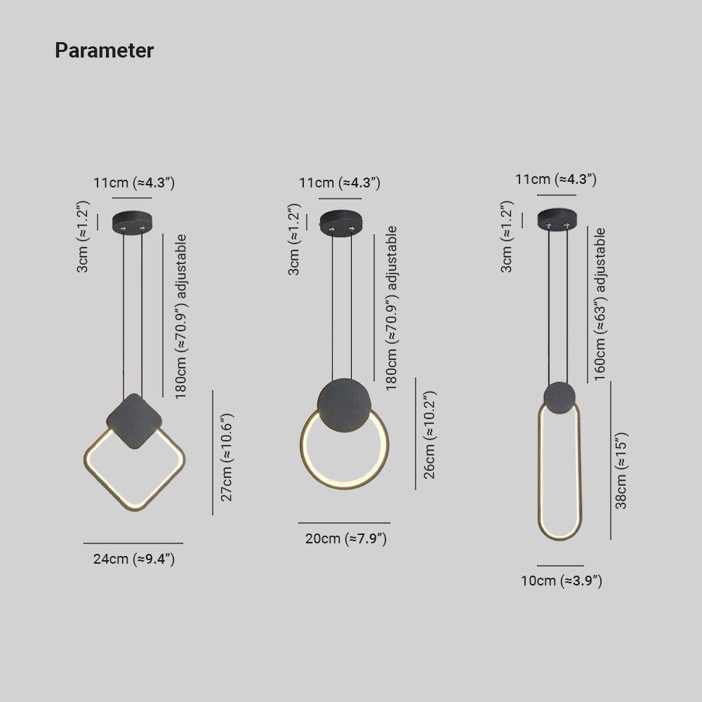 Diamond, circle and oval pendant dimension drawing