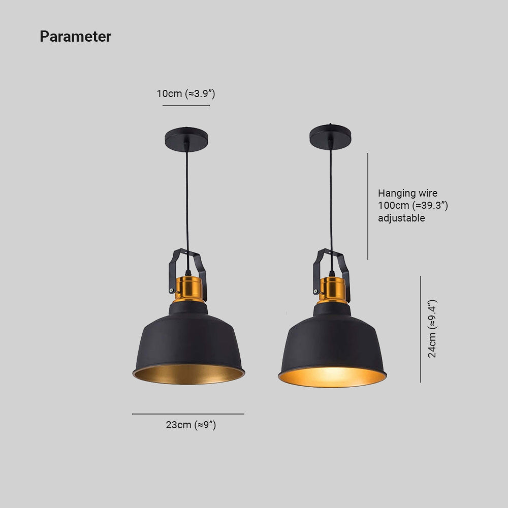 Pendant diagram labelled 23 cm shade, 24 cm lamp body, 10 cm canopy and 100 cm adjustable wire