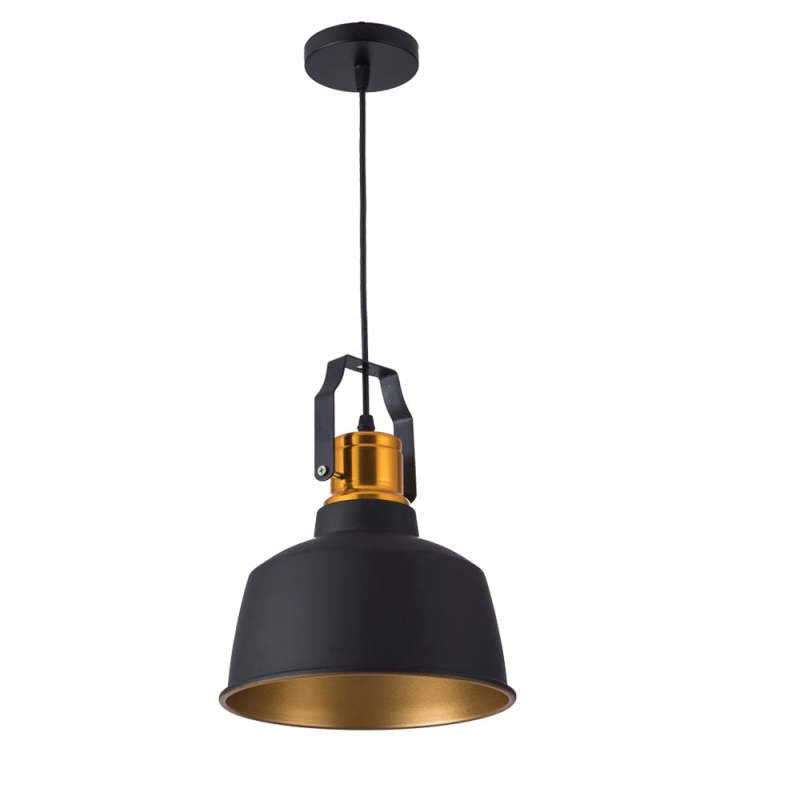 Front view of a black bell-dome pendant with brass-tone neck, black cord and round canopy