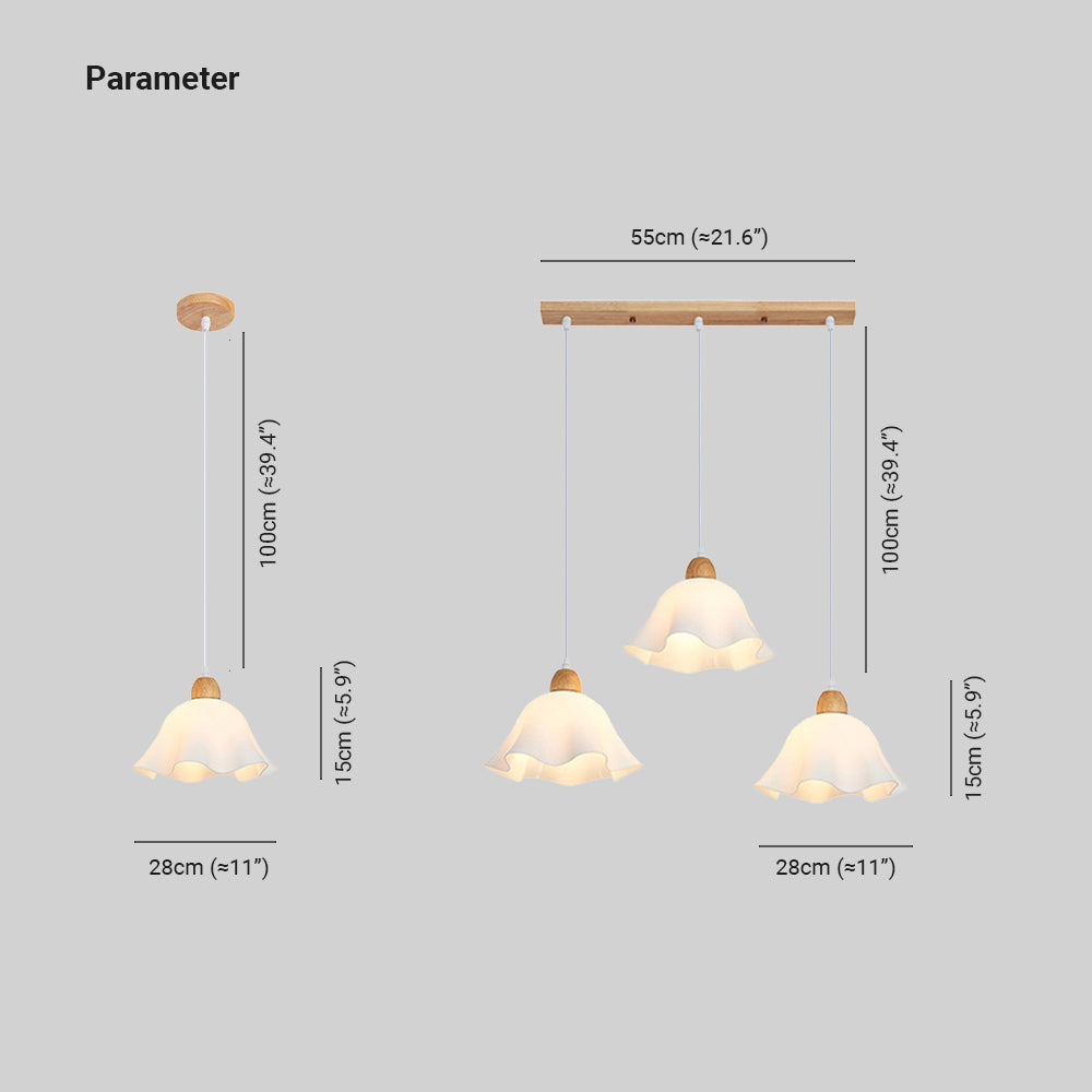 Ozawa diagram showing 28 cm shade width, 15 cm height, 100 cm suspension and 55 cm three-head canopy