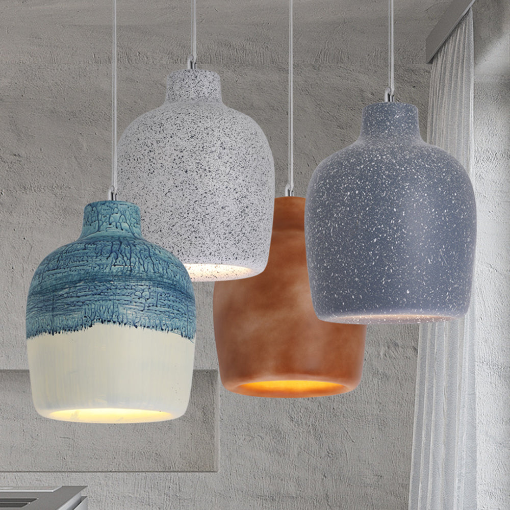 Four Byers jar-shaped shades hanging together: White + Blue in front, speckled Gray above, Orange behind and speckled Dark Blue at the right.