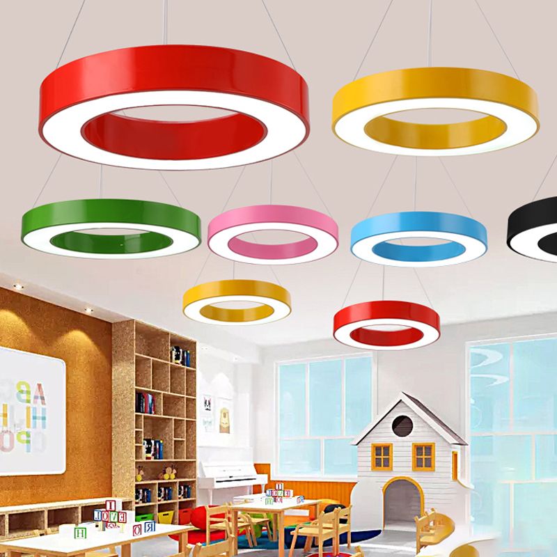 Coloured ring pendants including red, yellow, green and blue in playroom
