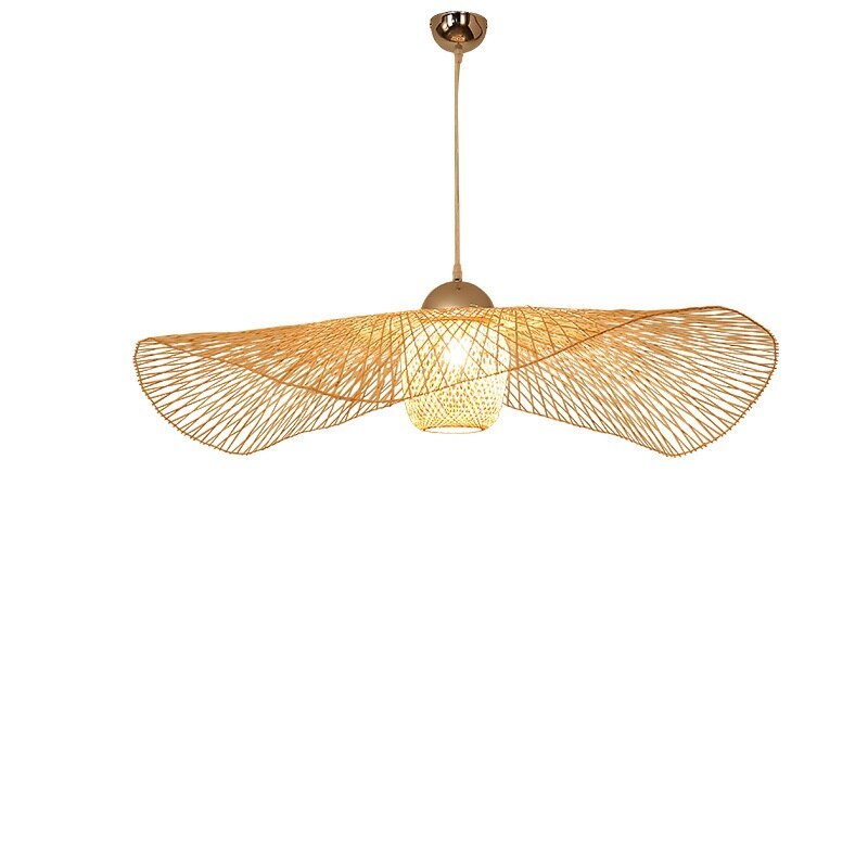 Wavy woven pendant shade and central basket with gold-tone canopy on a white background