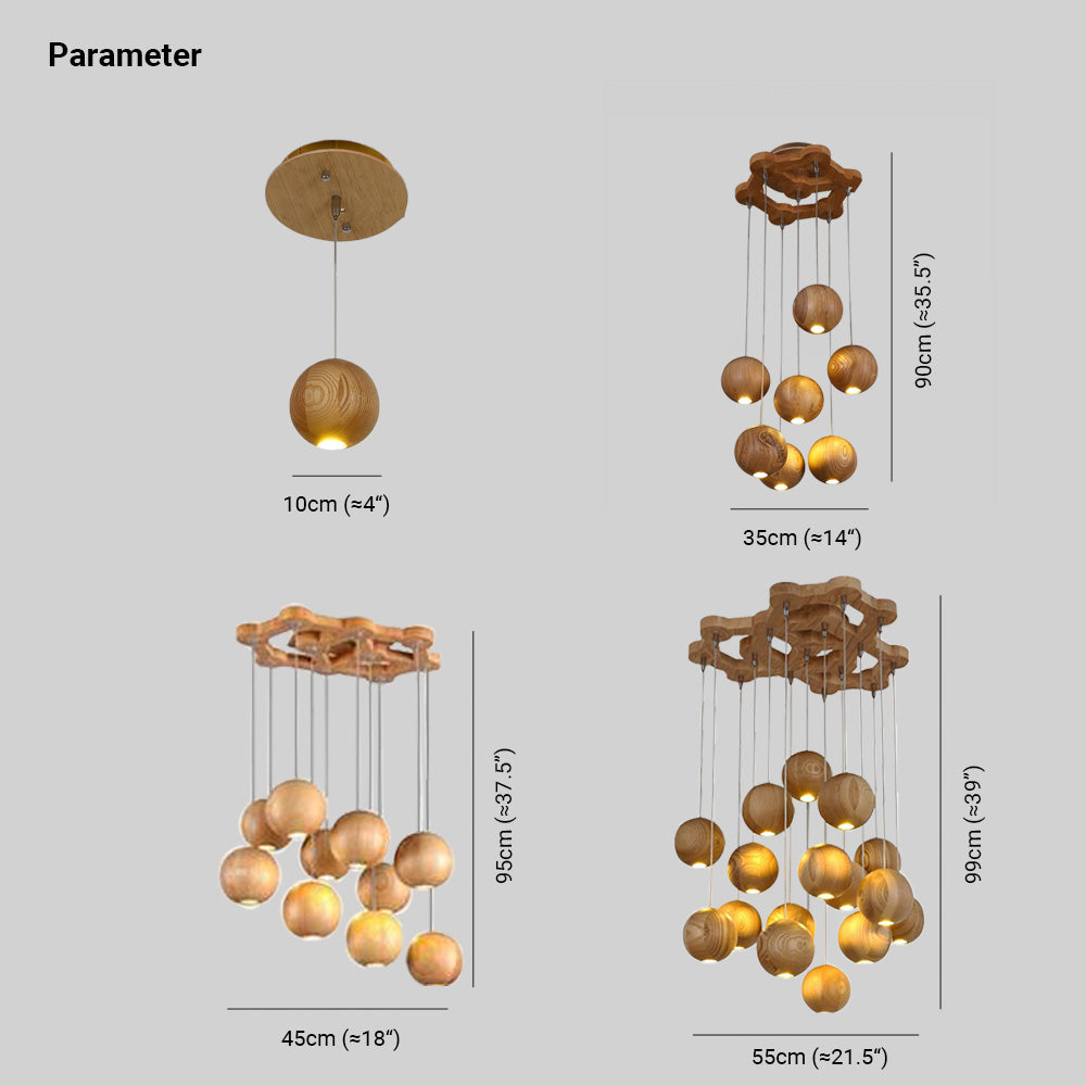 Ozawa size diagram for one, seven, ten and sixteen wooden globes