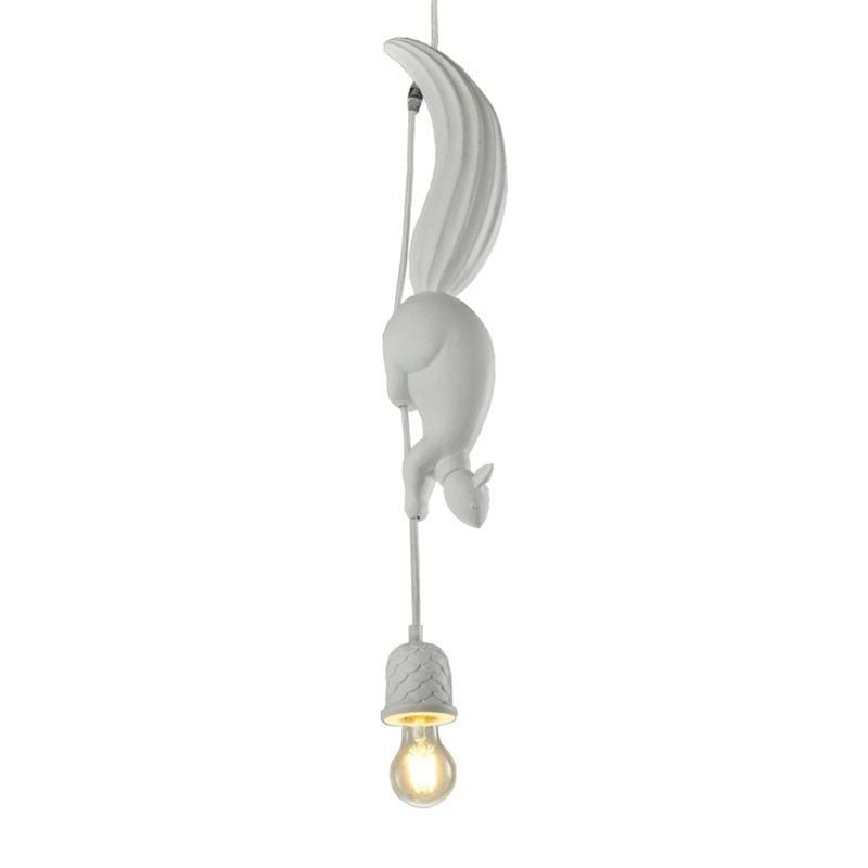 White squirrel pendant with a raised tail, white cord, pinecone-pattern holder and round lit bulb