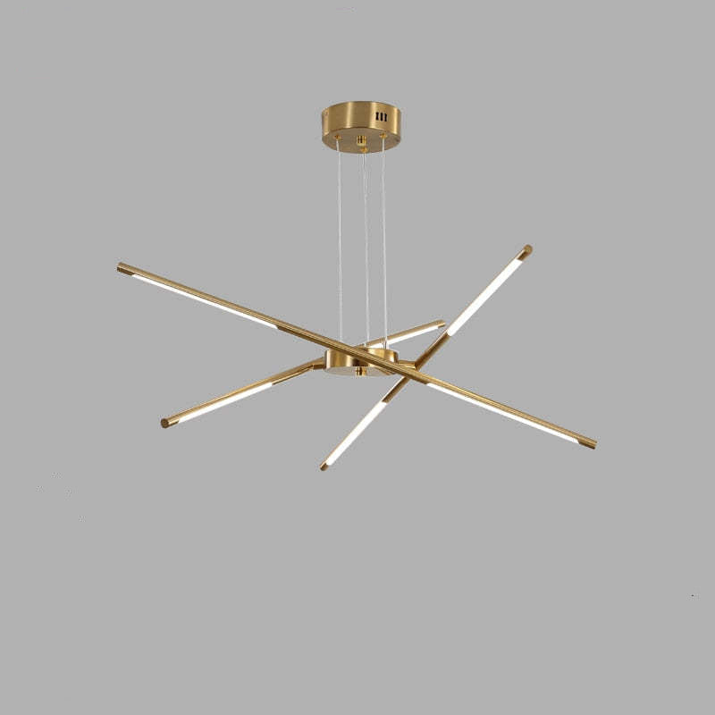 Gold six-head Edge pendant with three double-ended crossed rods and round canopy isolated against grey