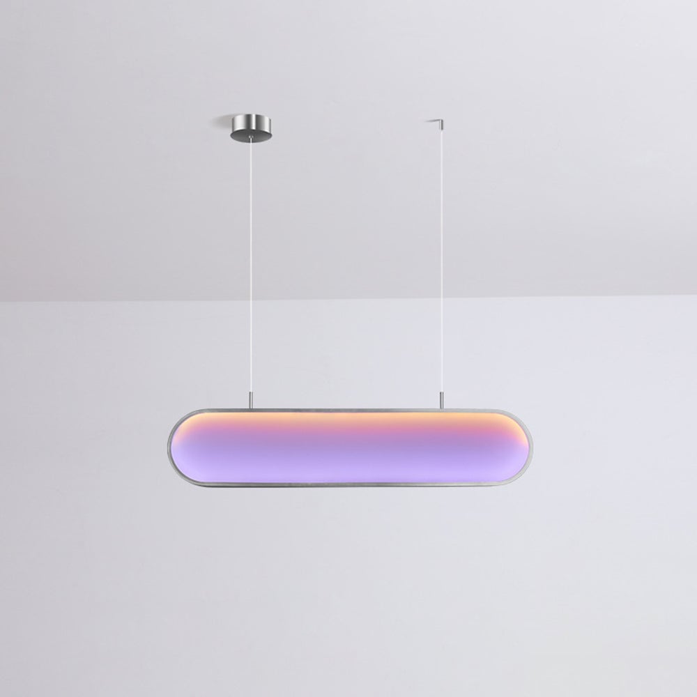 Silver-rimmed rounded bar with an orange-to-violet illuminated panel, two cords and a small round canopy