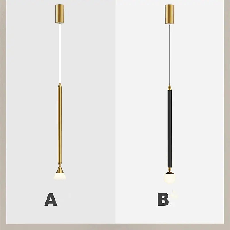 Carr A/B comparison: Style A gold rod with a white cone and Style B black rod with a white globe, each on a separate cord