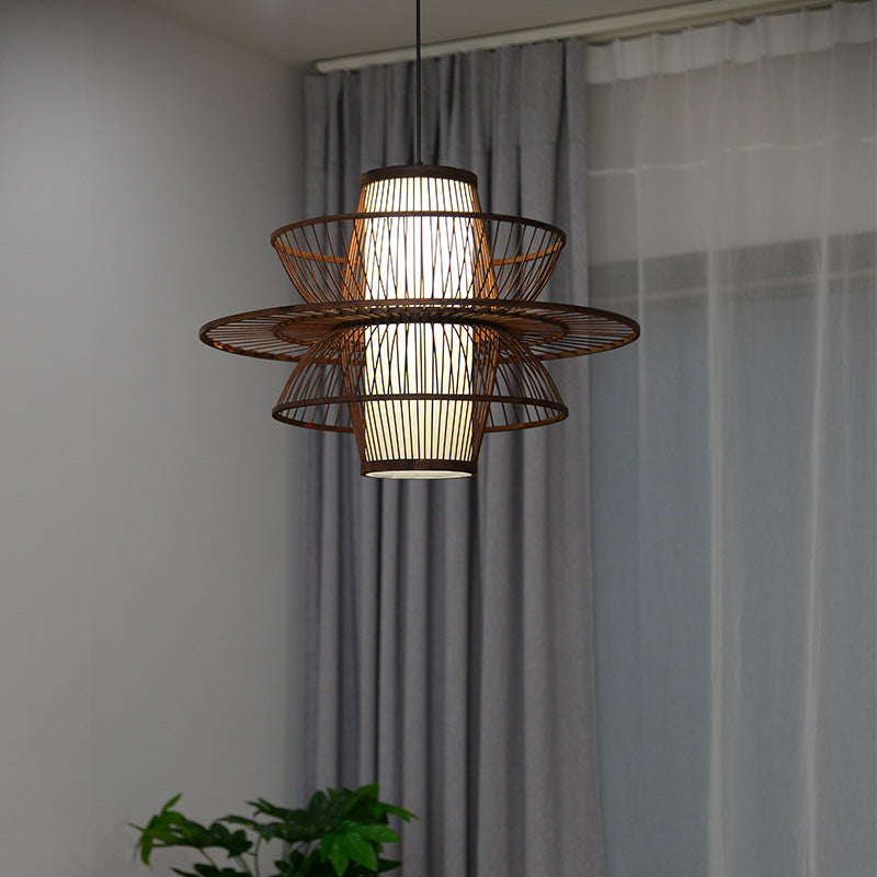 Muto brown woven pendant near grey curtains
