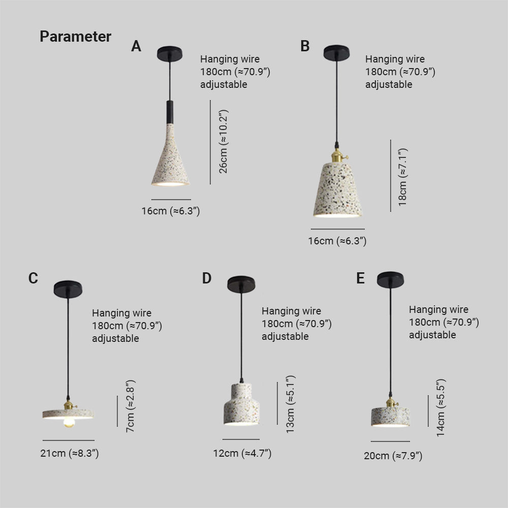 Dimension chart of five lettered pendant forms with widths, body heights and 180 cm adjustable wires