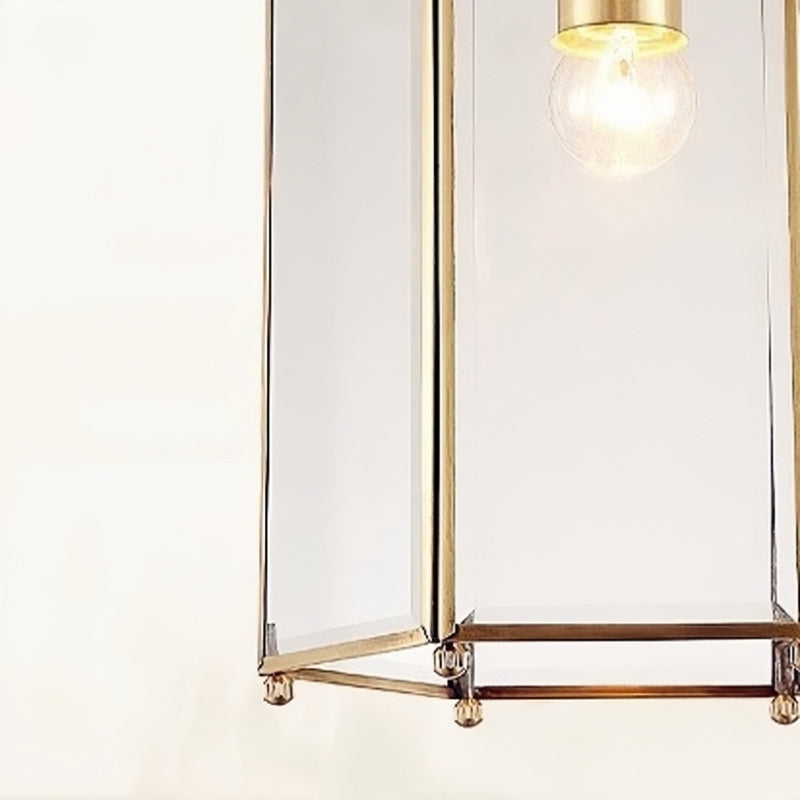 Close view of Sanna clear panels, metal corner rods and illuminated bulb.