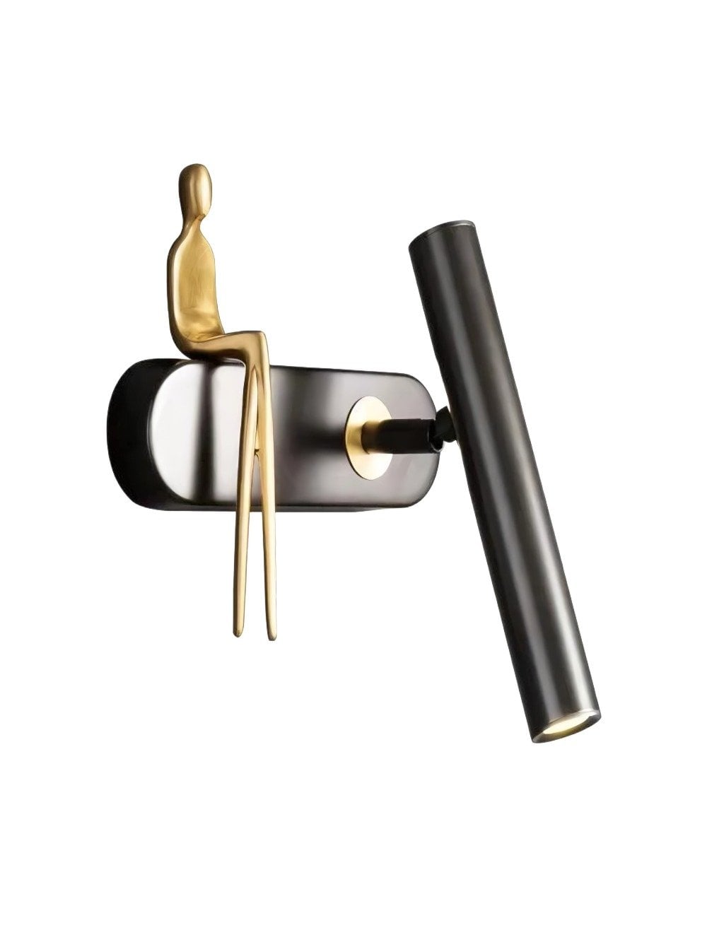 Isolated black wall light with a seated gold figure on the left and tilted cylindrical light head on the right