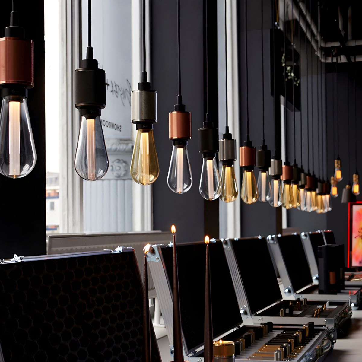 A row of Cooley exposed-bulb pendants pictured above a counter
