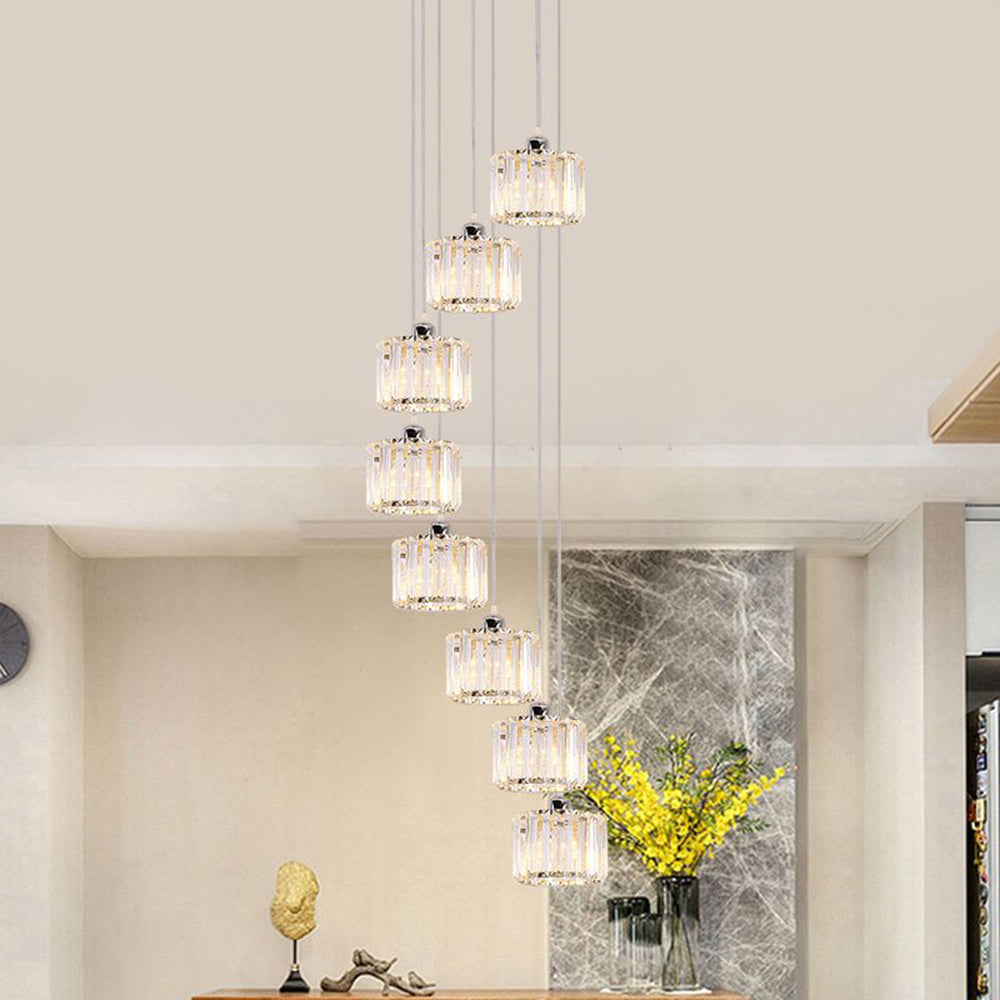 Diagonal row of clear crystal column pendants in room