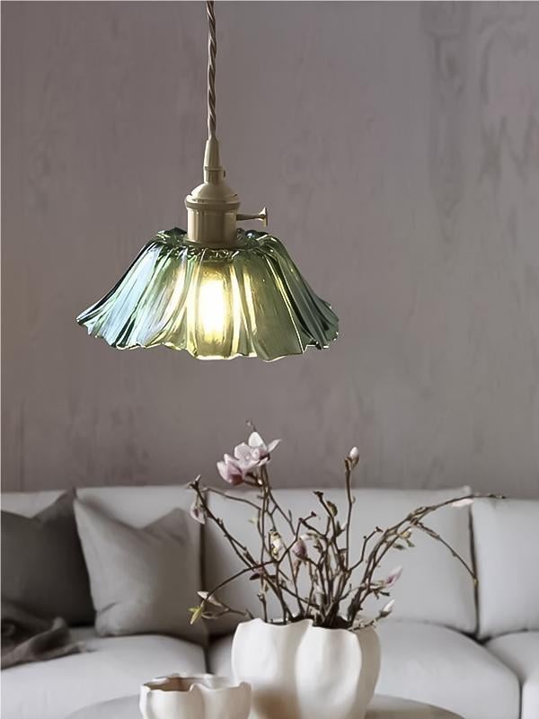 Compact green lotus pendant with a fluted glass shade