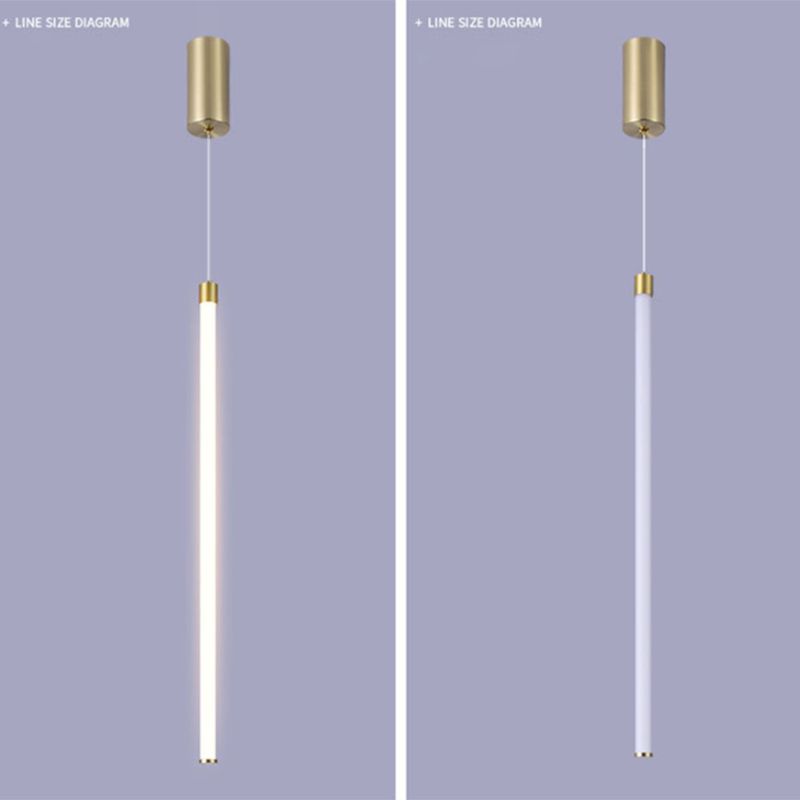 Edge tube pendant shown lit and unlit with gold-coloured canopy and end fittings