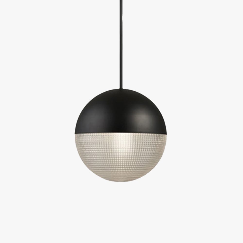 Single Black globe pendant isolated on white, with a smooth metal cap, textured glass lower bowl and thin black suspension