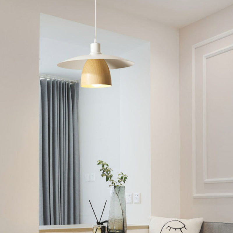 Single D white disc pendant with wood-look inner cone