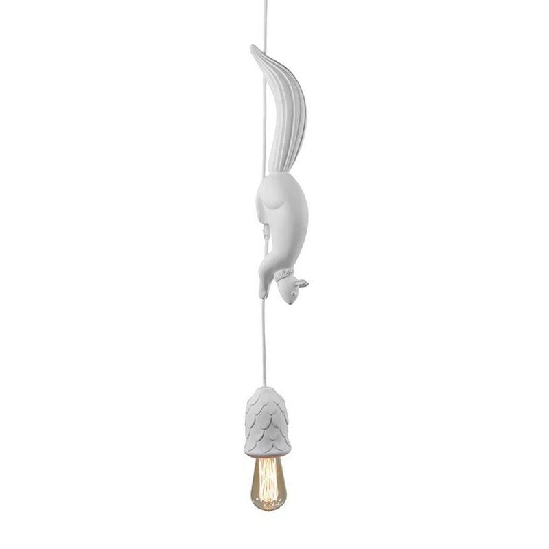 Angled view of a white squirrel pendant with a pinecone-pattern holder and long exposed bulb