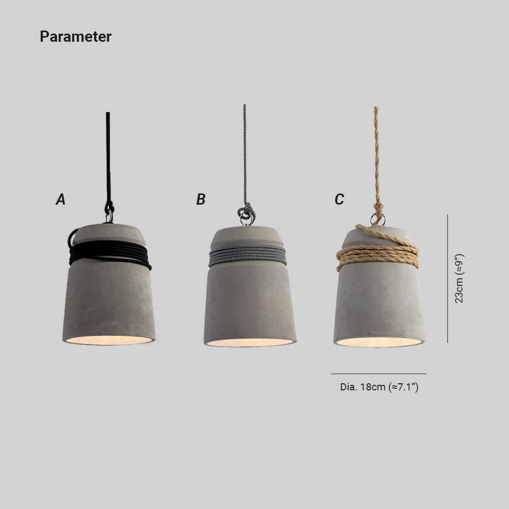 A B C cement pendant options with 18 cm diameter and 23 cm shade height