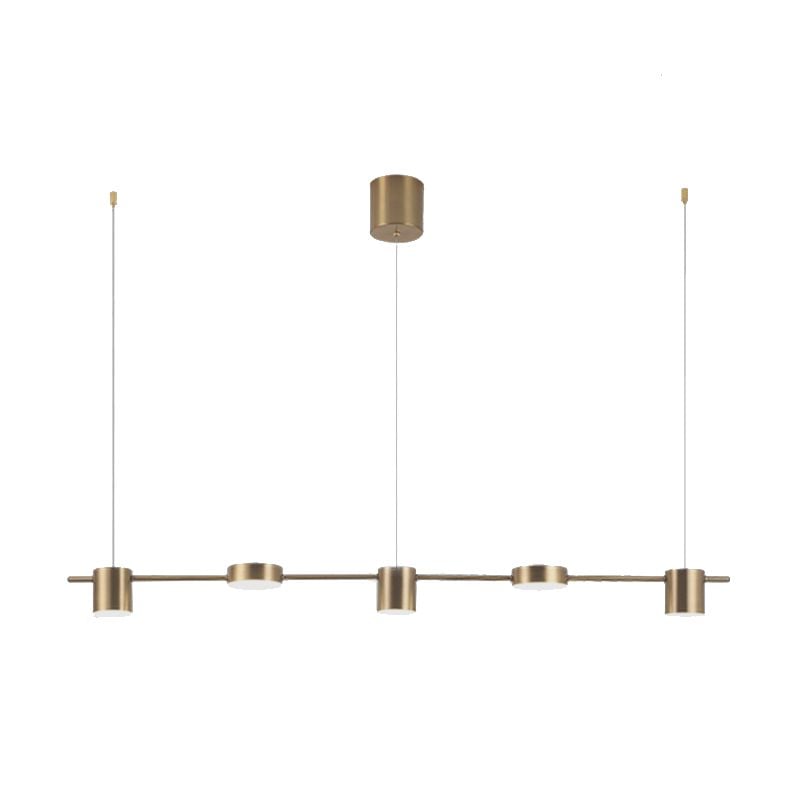 Gold five-light linear pendant on white background