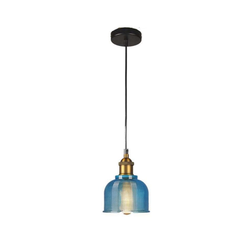 Single Blue textured glass bell pendant with gold-tone fitting, Black cord and round Black canopy against White