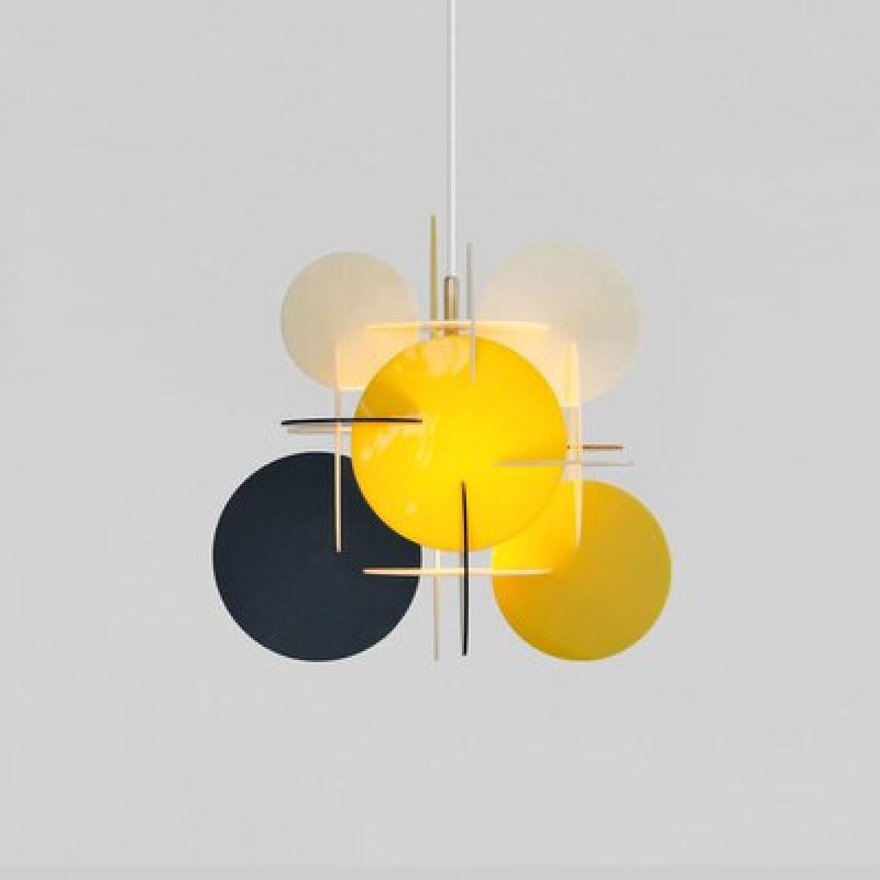 Isolated Morandi Yellow/Black/White pendant on pale gray, with yellow, dark and pale circular panels
