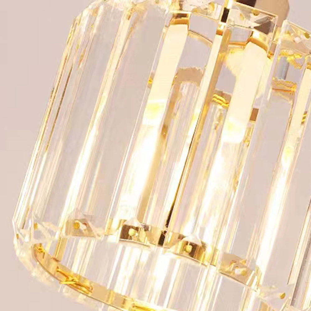 Close-up of vertically ribbed clear crystal pendant shade