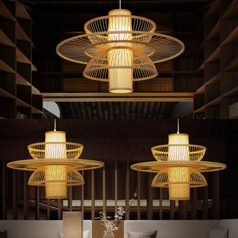 Several Muto beige woven pendants pictured in a restaurant