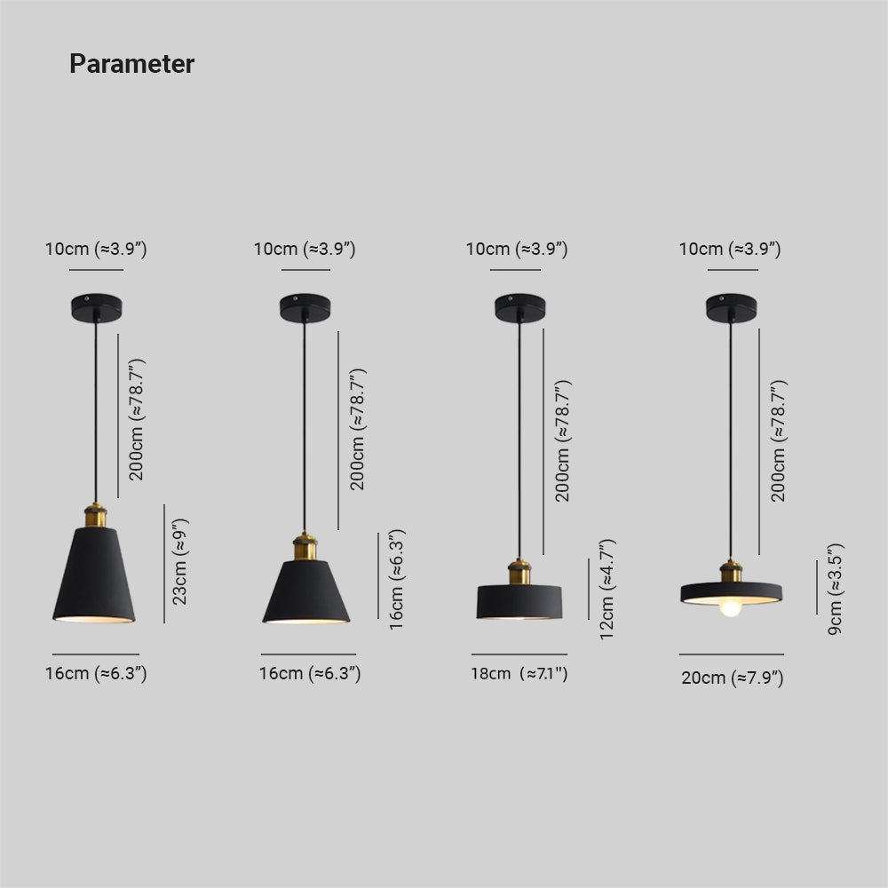 Morandi size diagram for four shade forms, with 200 cm suspension segments and 10 cm canopies.