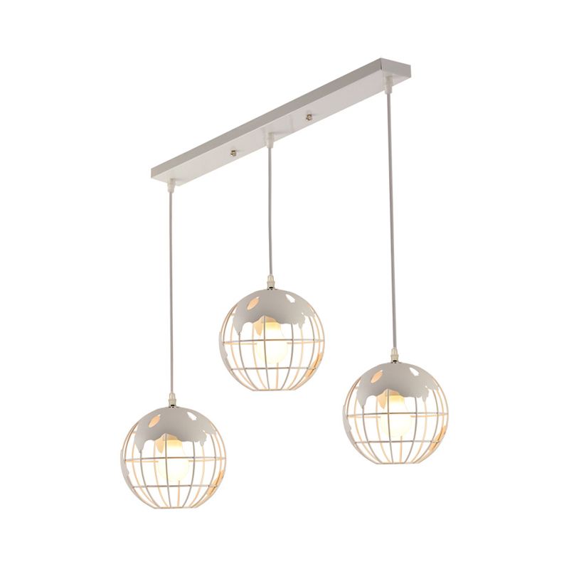 Three white globe cage pendants beneath a long white canopy bar