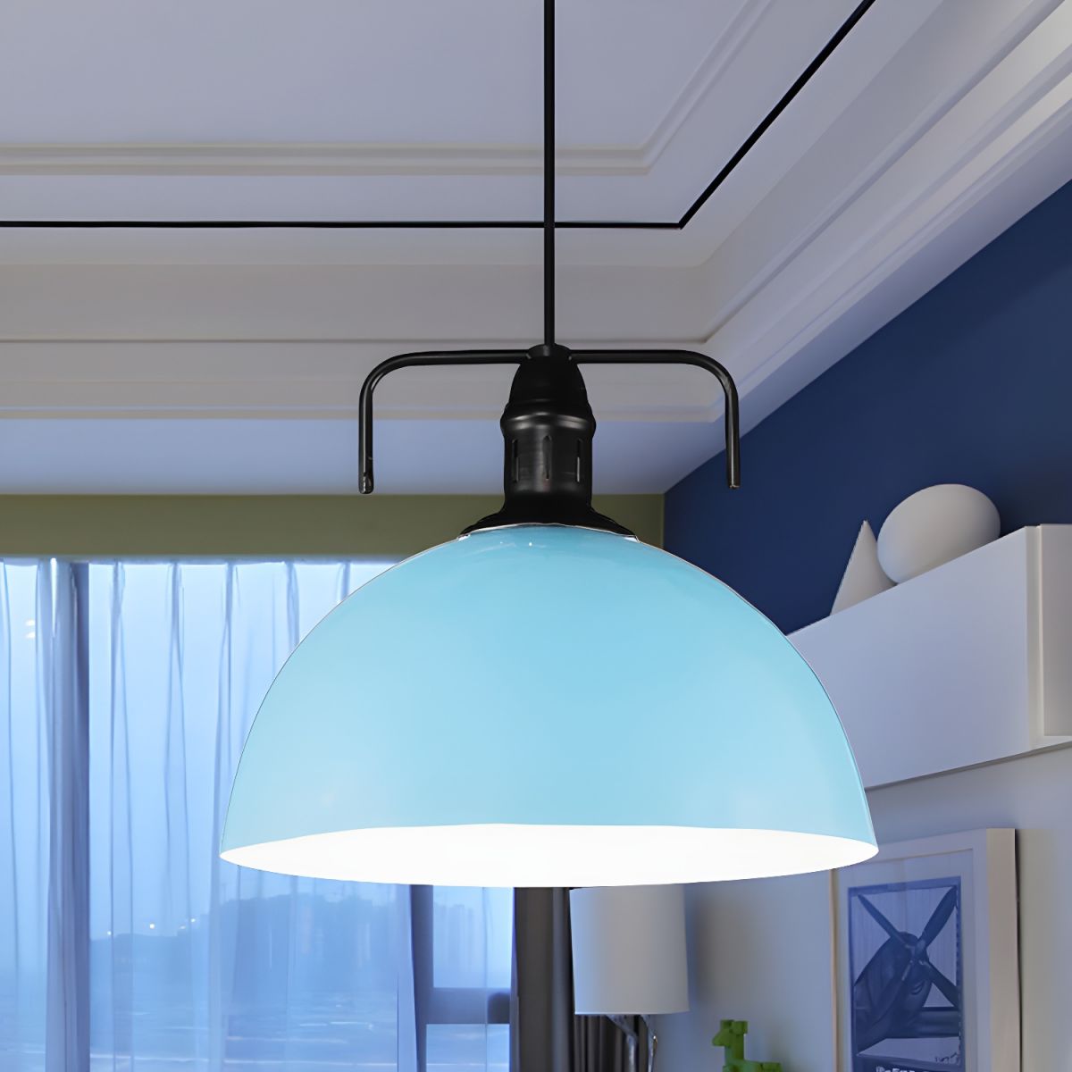 Sky blue metal dome pendant in blue room