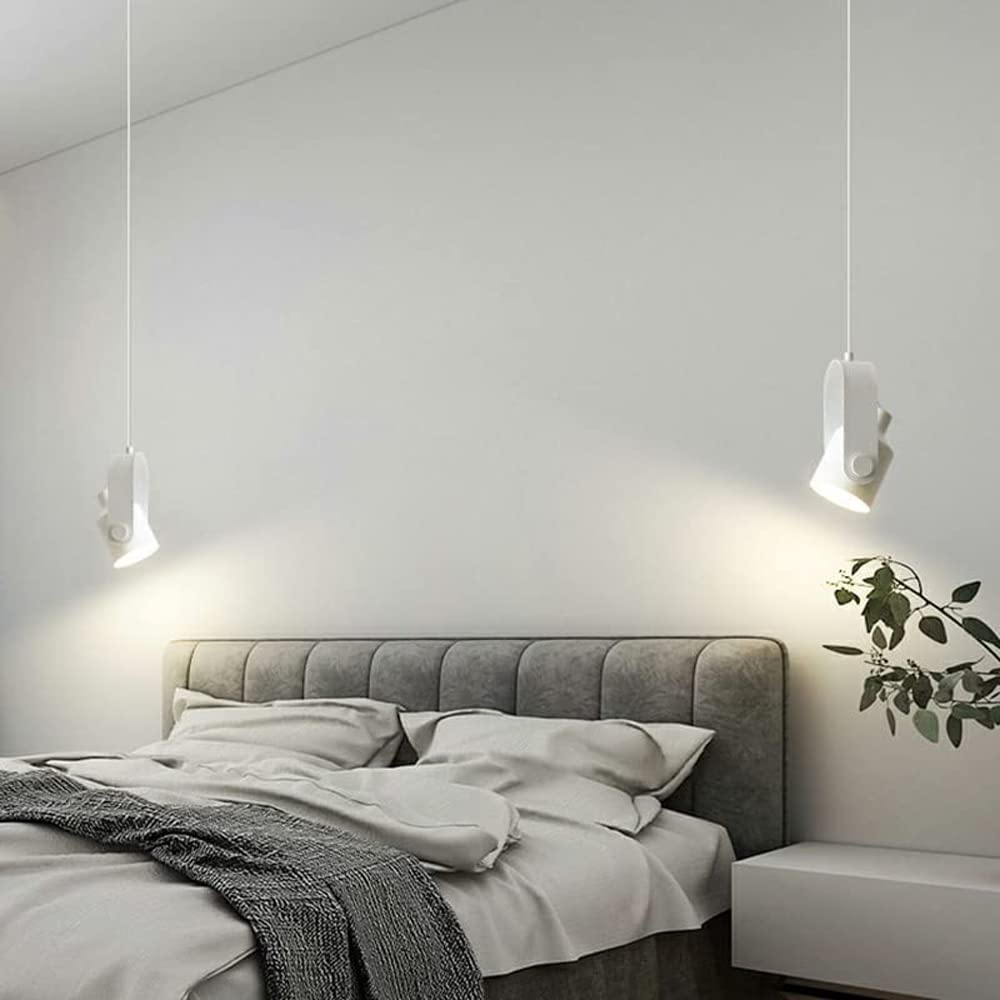 Pair of white Morandi pendants aimed beside bed