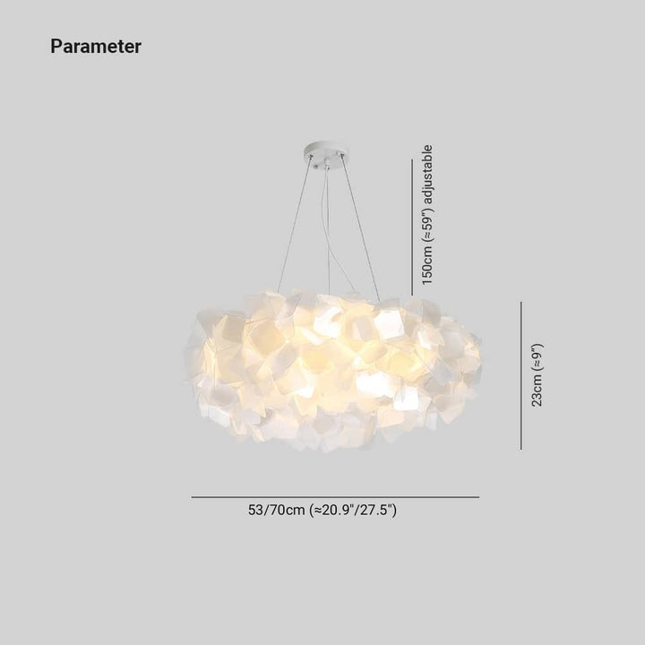Bella dimension guide: 53 or 70 cm shade diameter, 23 cm body height and a separate adjustable upper suspension marked 150 cm