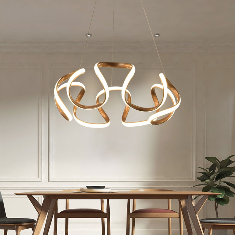 Coffee-toned five-head LED pendant above wooden table