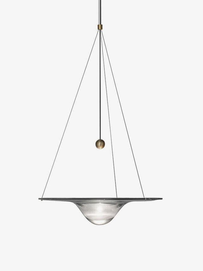 Single clear glass disc pendant with central bowl and brass ball