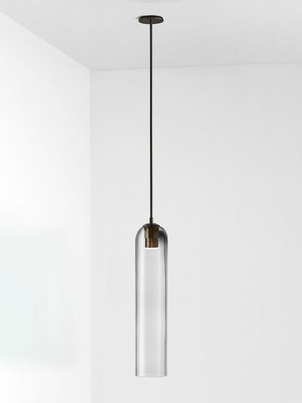 Clear glass Long Tube pendant with black rod and canopy, showing the socket inside the top of the transparent tube