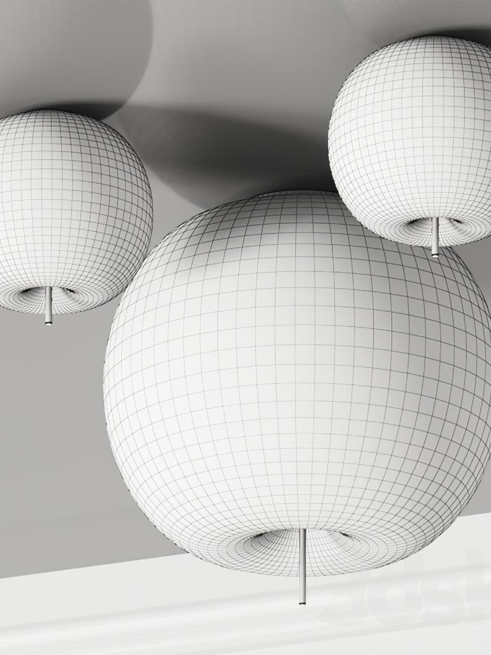 Gridded depiction of three rounded white shades with recessed undersides and short projecting stems