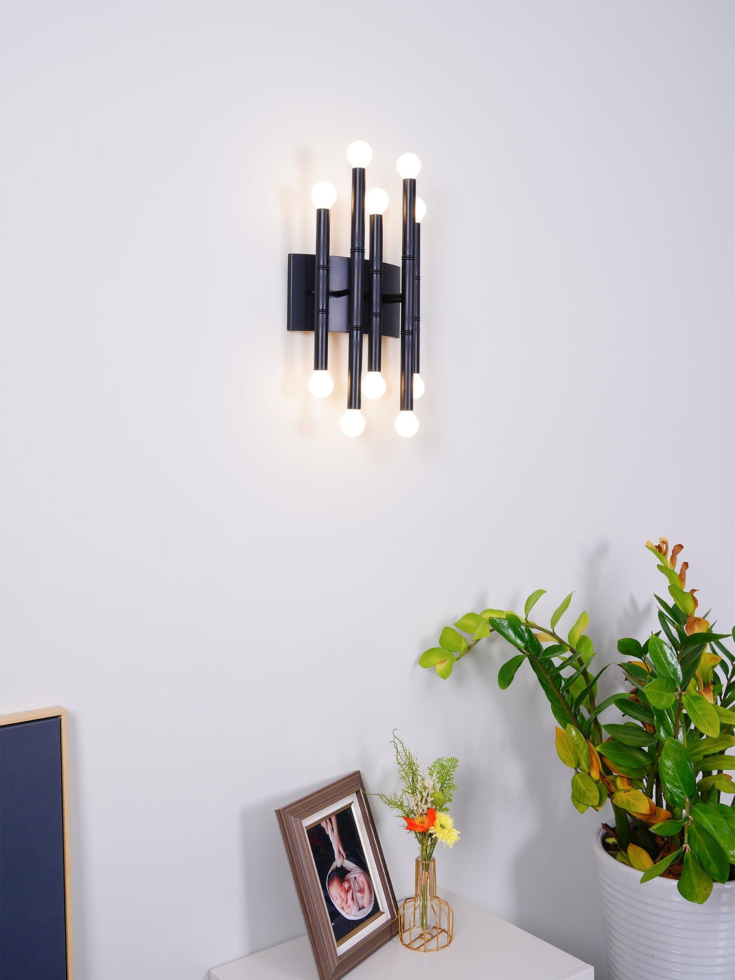 Angled Black Meurice showing jointed metal stems and a rectangular backplate above plants and a framed photo