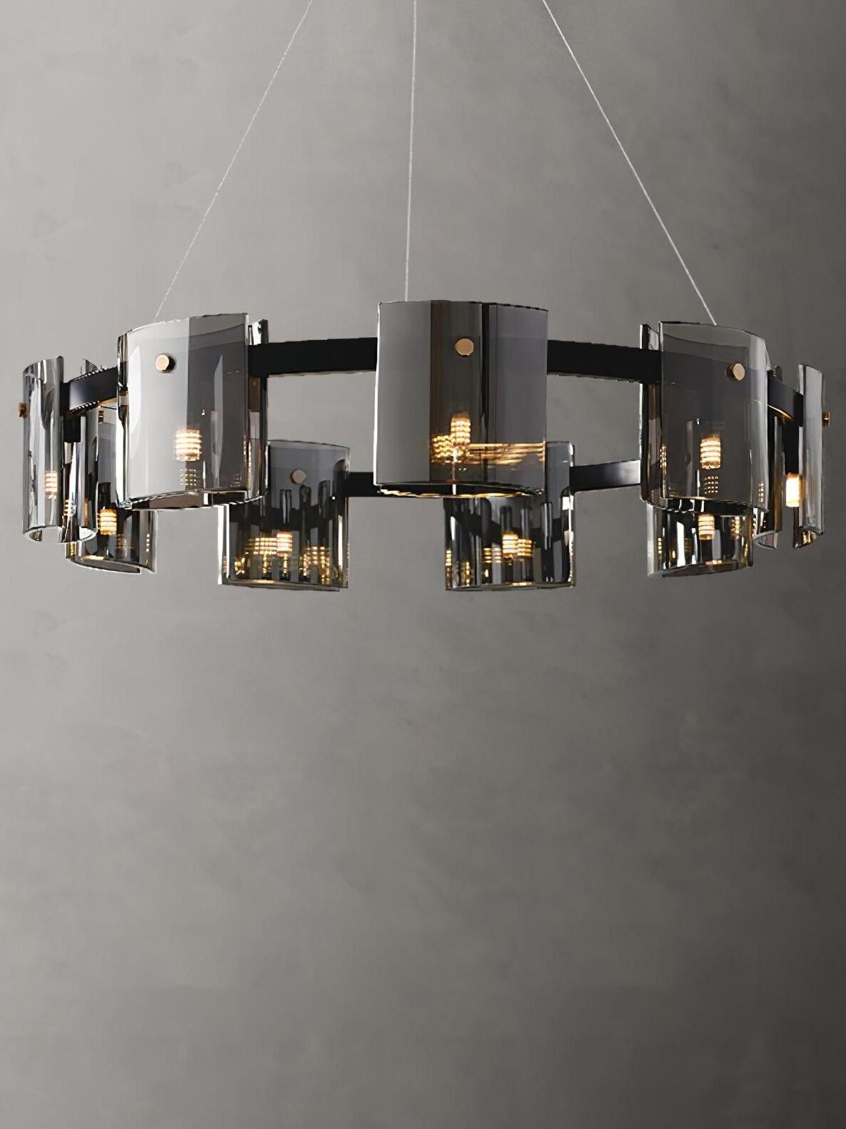 80 cm Black Corlota ring chandelier with illuminated glass panels around the frame