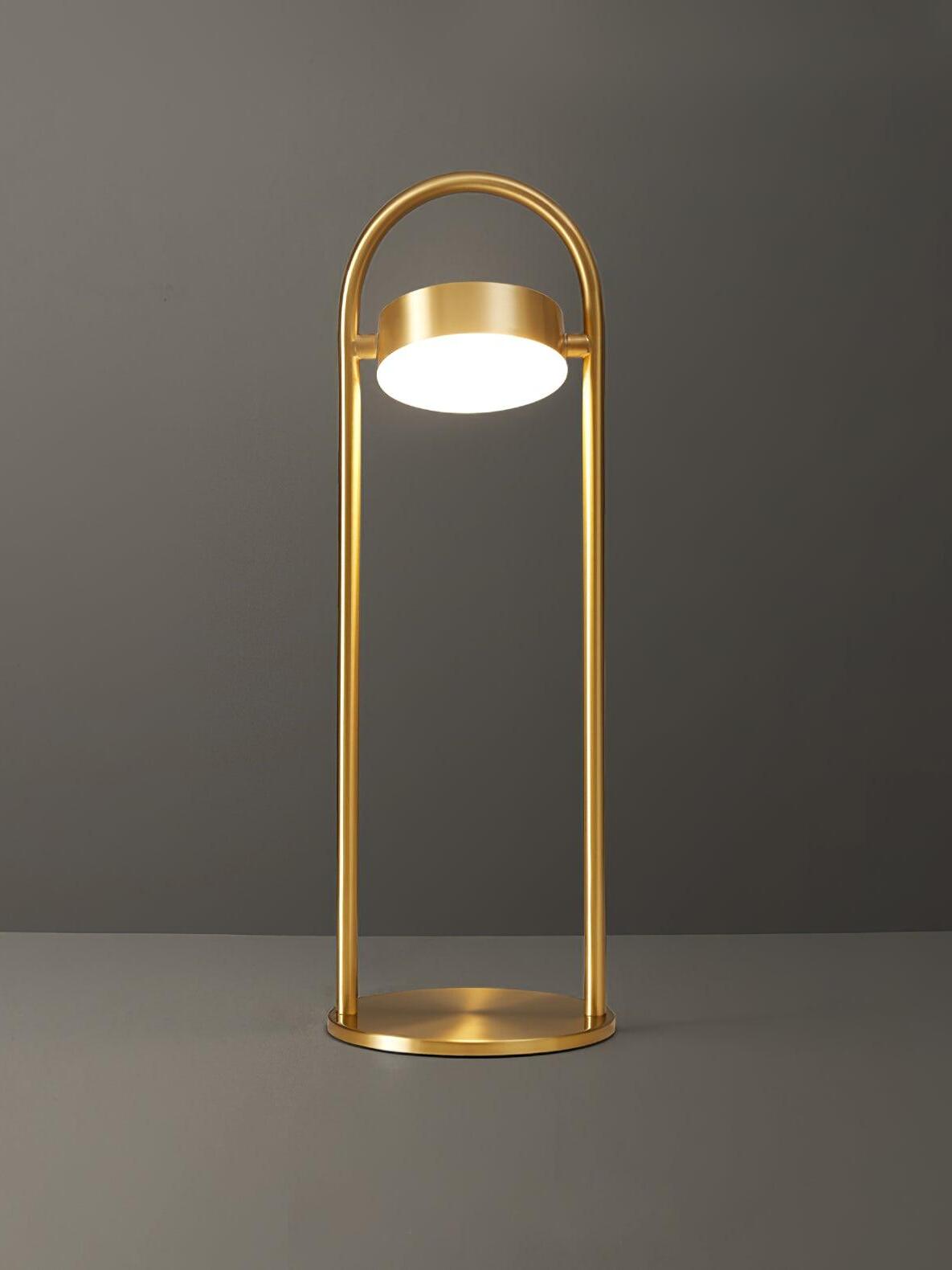 Upright brass arch lamp with downlight inside frame