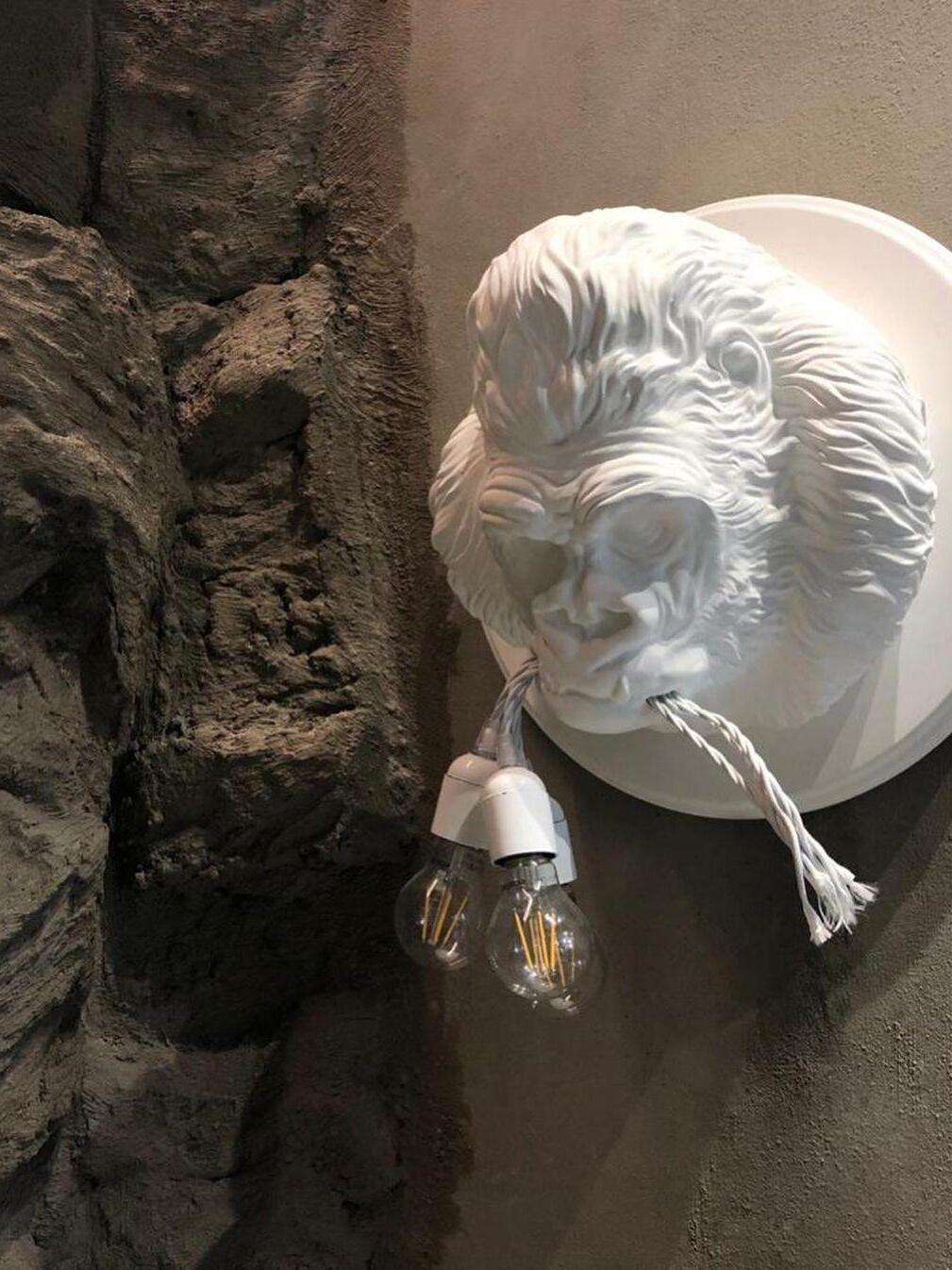 Angled white gorilla face beside rock wall with round bulb below jaw