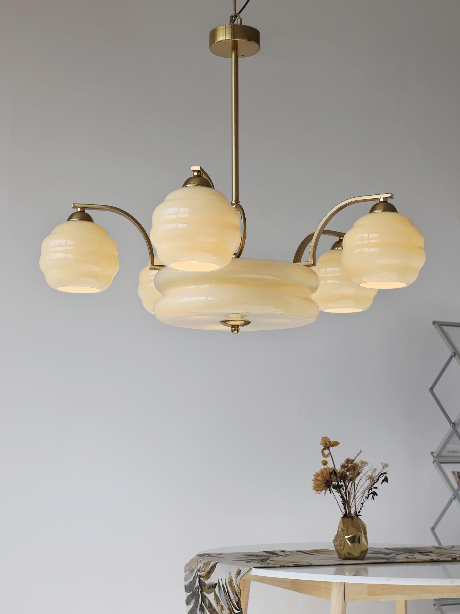 Beige shades surrounding a central glass body
