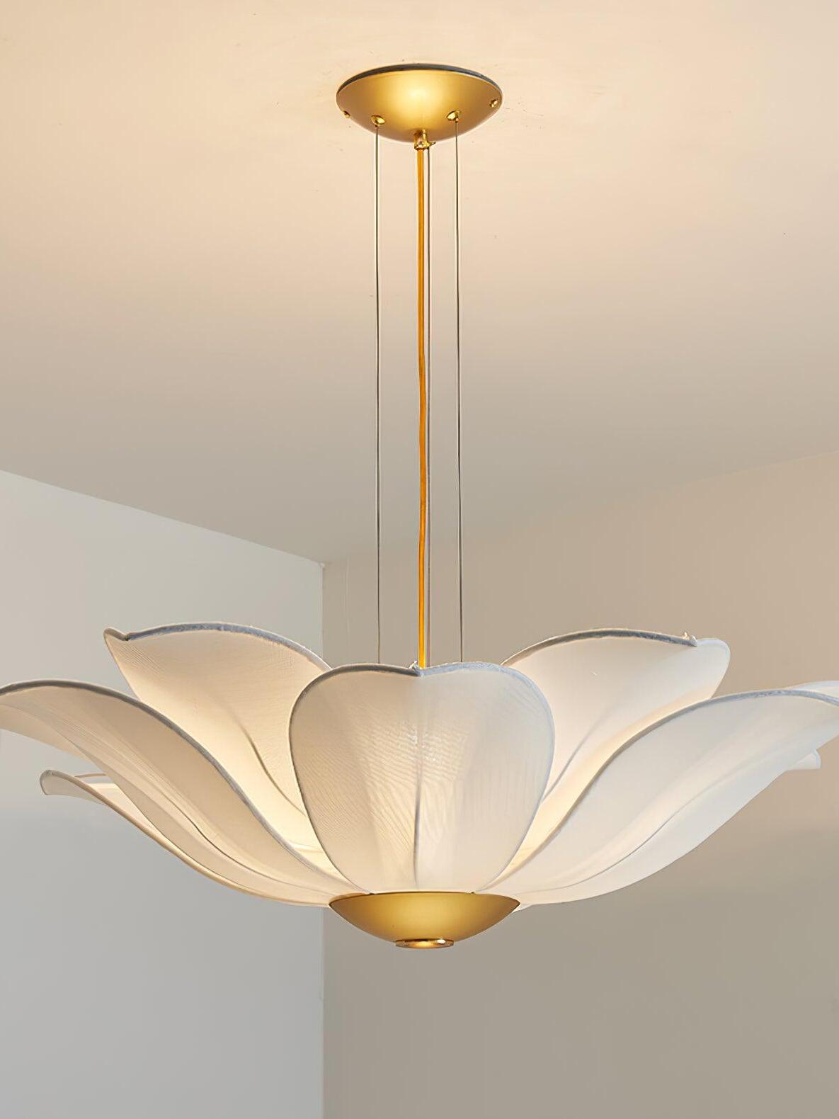 Full view of flower chandelier with gold canopy and suspension