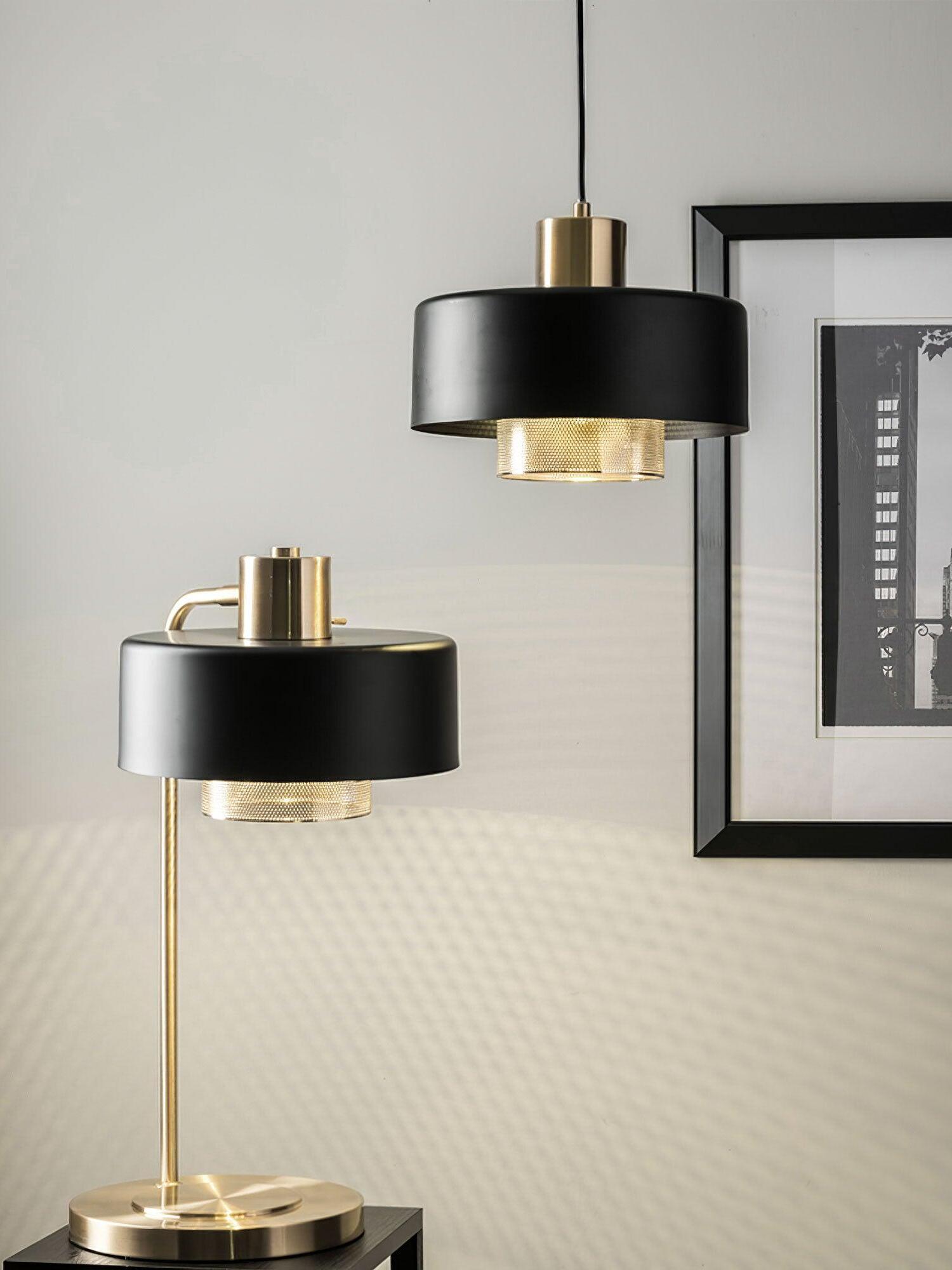 Bradbury pendant pictured beside a separate matching table lamp and framed architectural print