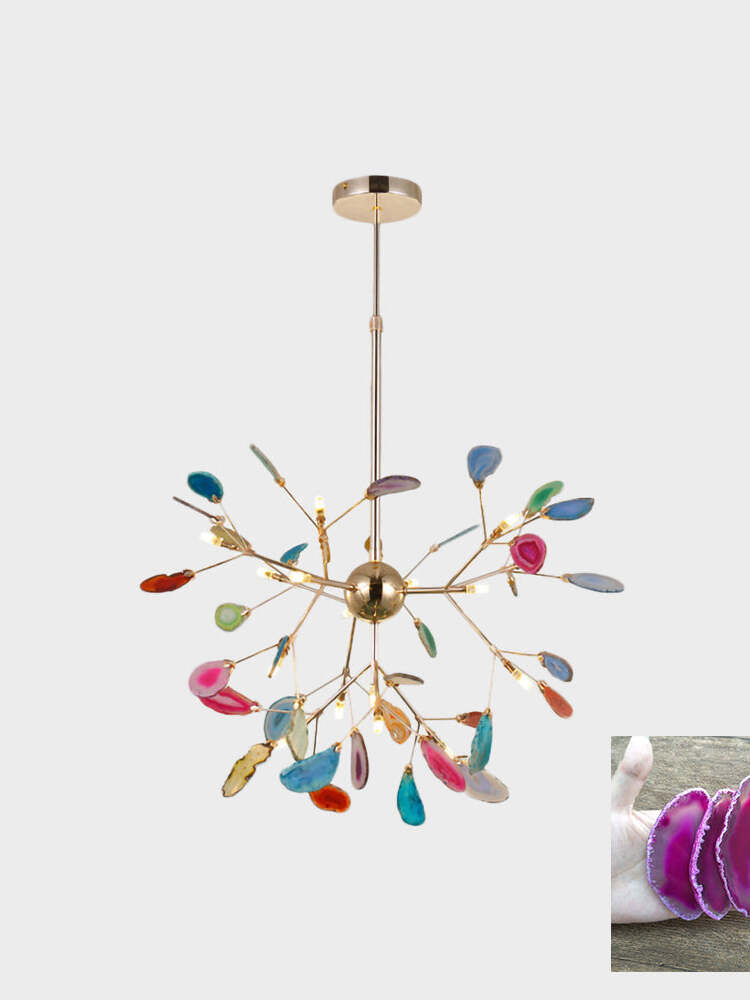 Multicoloured radial stone chandelier with a central gold-coloured ball and a pink stone sample inset
